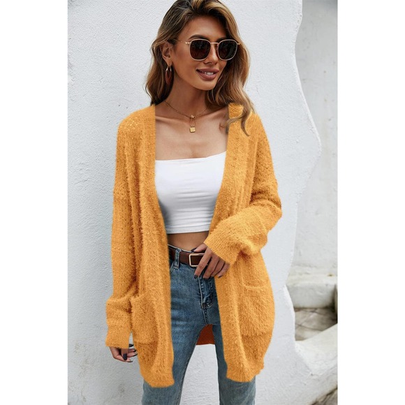 Open Front Openwork Fuzzy Cardigan with Pockets - Picture 9 of 11